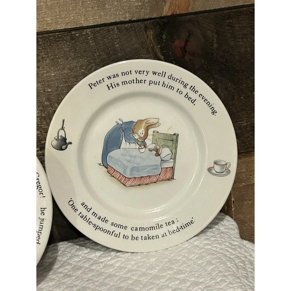 Vintage Set of 2 Wedgwood Beatrix Potter Peter Rabbit Plate & Porridge Bowl READ